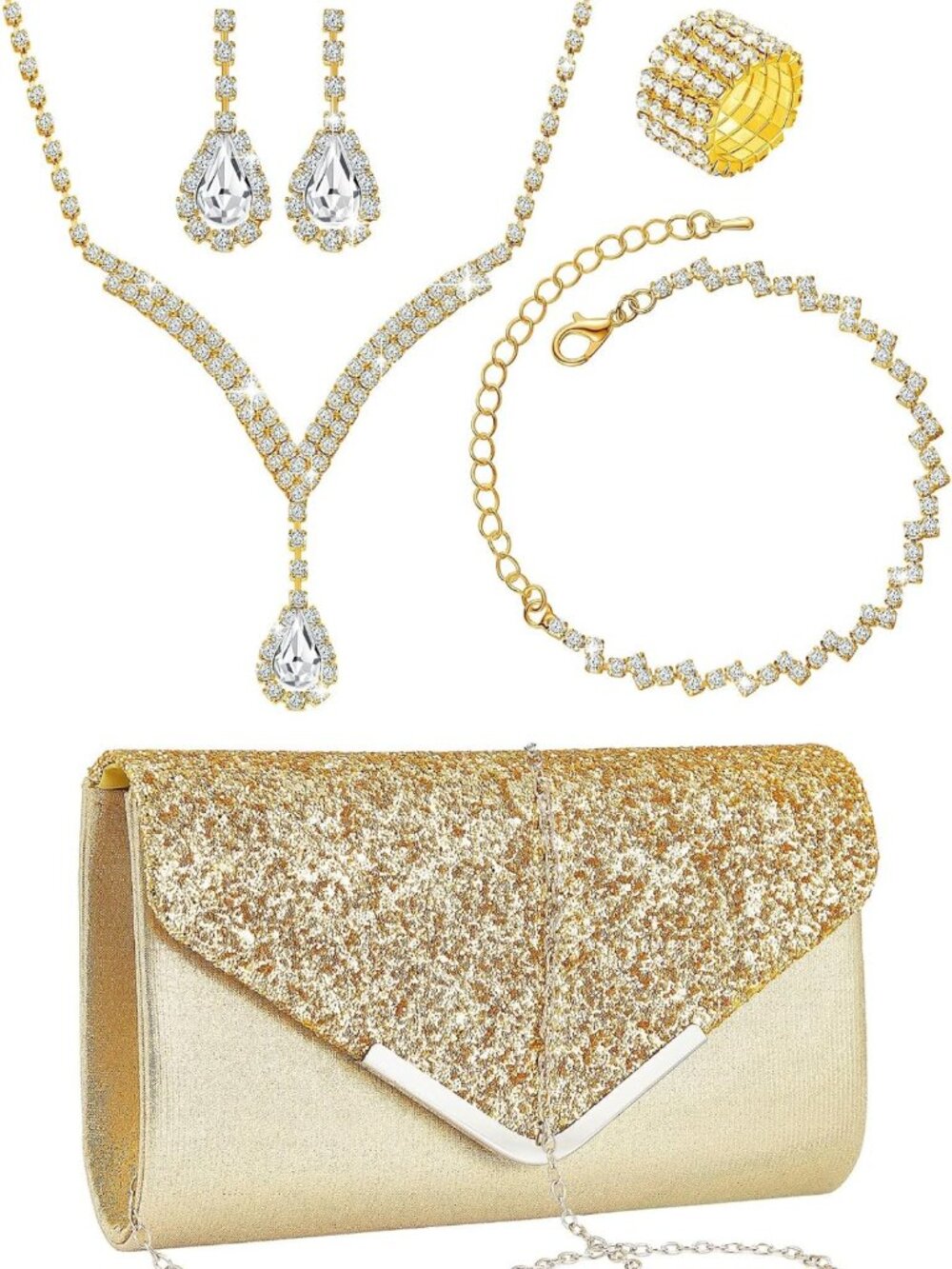 5-Piece Rhinestone Jewelry Set & Elegant Clutch Purse for Women’s Prom Night